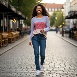 Gap Colorblock Sweater M Red White Blue Marled Knit Pullover Soft Cozy